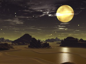 Gold moon over bronze alien landscape